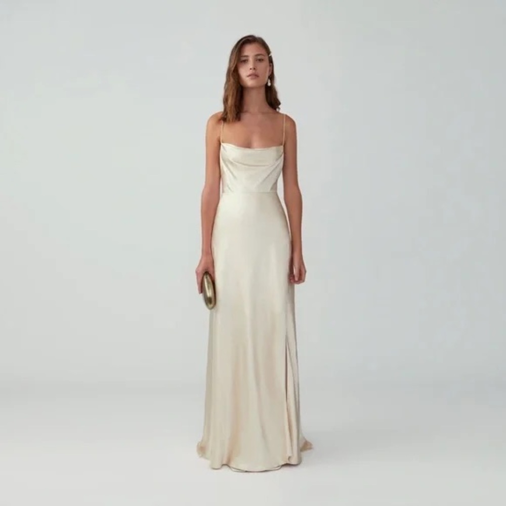Fame and Partners Champagne draped silk gown